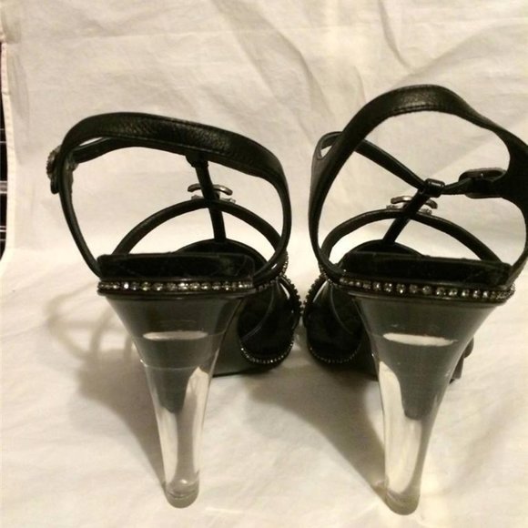 CHANEL 14C Leather Crystal Jewel CC Strappy Sandal Lucite PVC Heel Shoes - Picture 8 of 12